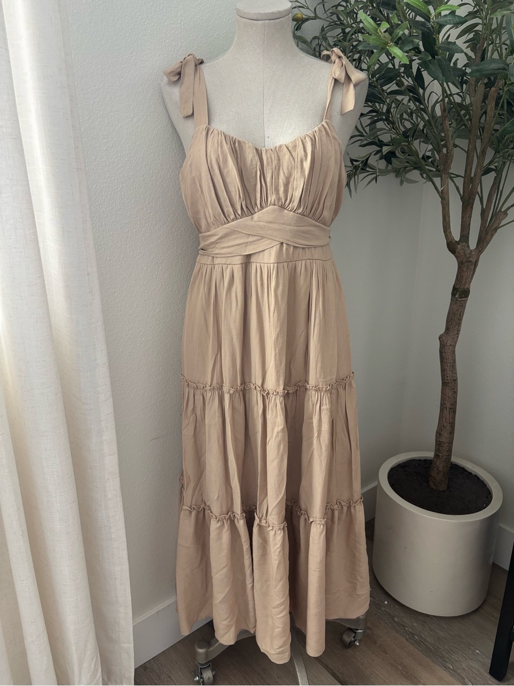 Trixi Sleeveless Tie-Shoulder Tiered Dress in Beige